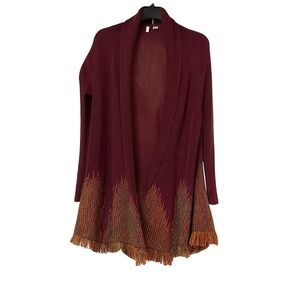 Moth by Anthropologie Burgundy Fringe Cardigan L Artsy Woven Lagenlook Cozy